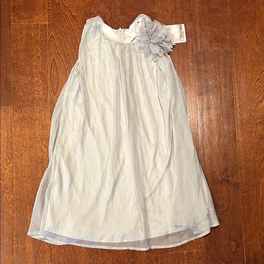 Sophia Young Gray Crinkle Chiffon Dress with Floral Accent, Size 10, NWT